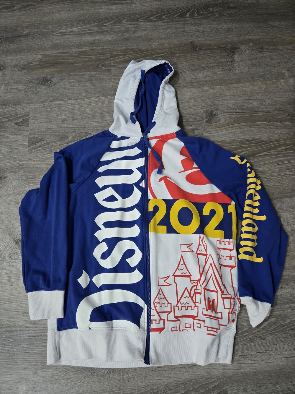 Disneyland 2021 Hoodie Mens L Blue White Mickey Castle Full Zip Sweatshirt